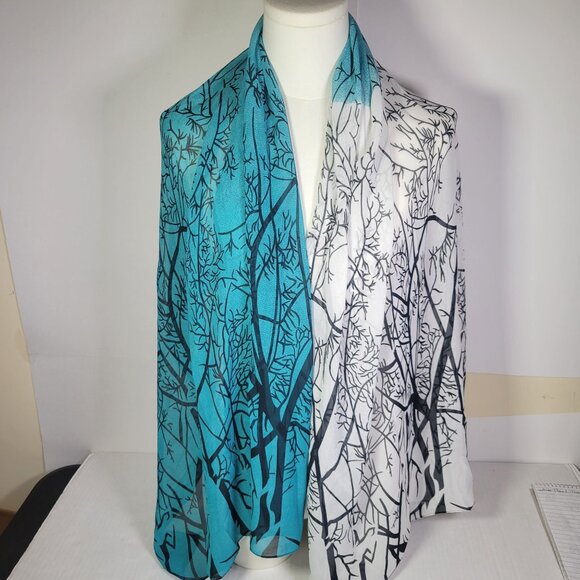 Blue & White Women Elegant Gradient Tree Branch Print Lightweight Sheer Scarf - Picture 2 of 4